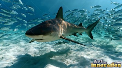 A shark swims over sandy seabed while bright sunlight ripples across its back