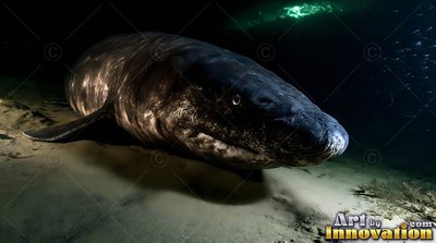 Gliding along the ocean floor, a dark gray shark moves slowly over pale sand