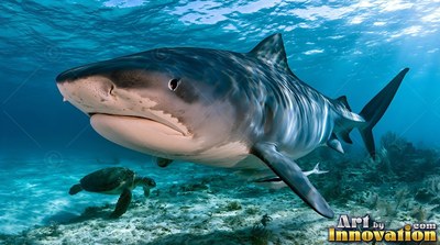 A tiger shark swims past a sea turtle under bright ripples of sunlit pale blue water