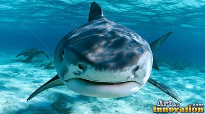 Facing forward, a shark swims in shallow blue water above pale sand