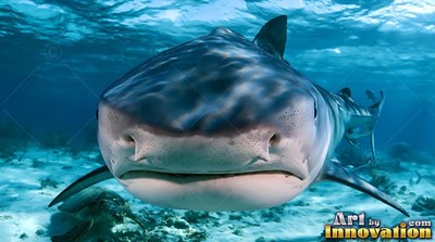 A tiger shark swims forward over pale sand in bright turquoise water