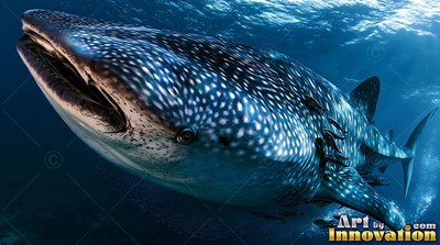 Swimming toward the view, a spotted whale shark glides in the deep blue sea