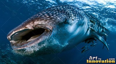 A spotted whale shark swims with its wide mouth open in blue ocean water