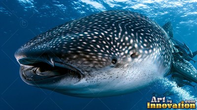 In sunlit clear blue water, a spotted whale shark swims forward with open jaws