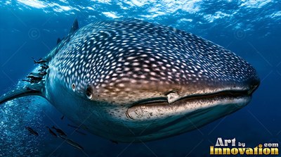 Swimming near the surface, a spotted whale shark glides through bright blue water