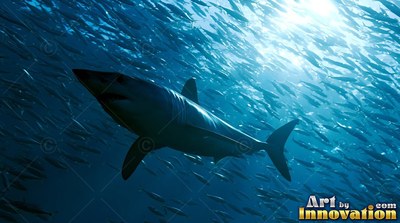 Pointed snout angled down, a shark cuts through deep blue ocean under sunlight