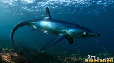 A sleek thresher shark with a long tail swims through clear blue water