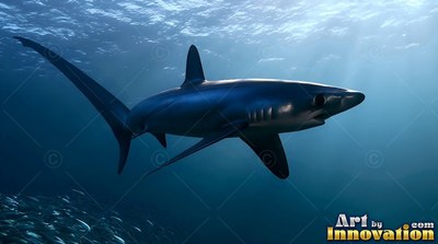 In deep blue water, a dark thresher shark swims beneath the sunny surface