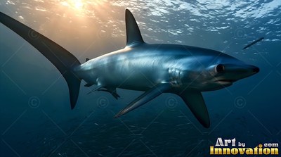 A blue thresher shark swims under sunny deep blue water