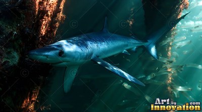 Dark, rounded eyes guide a slender blue shark past tall brown kelp stalks in sunlit green water