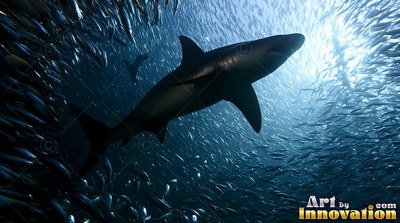 Swimming through a dense school of fish, a dark shark glides toward the bright surface