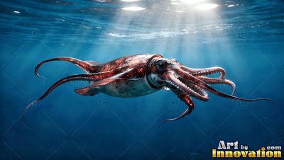 In sunlit blue water, a spotted reddish squid swims with arms spread wide