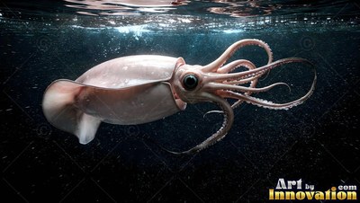 Swimming near the ocean surface, a pale pink squid curls its long arms in shadowy water