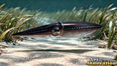 Squid swimming over sunny sand between patches of green seagrass