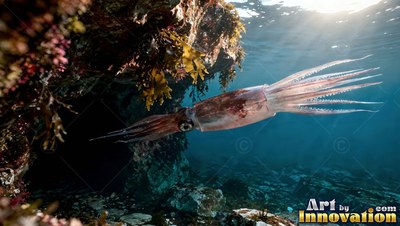Spread arms trail behind a pale reddish squid moving near sunlit reef rocks