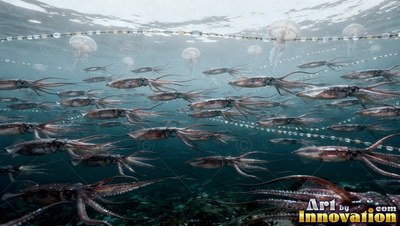 A school of squid glides forward under jellyfish through pale blue ocean water