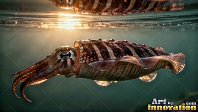 Side view of a brown cuttlefish swimming under sunlit water ripples