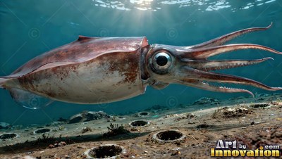 A reddish squid drifts forward over the shallow sea floor under bright sunlight