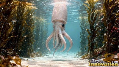 In a sunlit kelp forest, a pale squid floats head-up over the sand