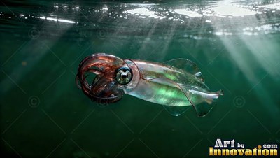 Drifting beneath green sunlit water, a clear squid curls its tentacles