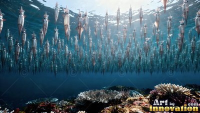 Pointed tails pointing down, pale squid school vertically in blue sea over a coral reef