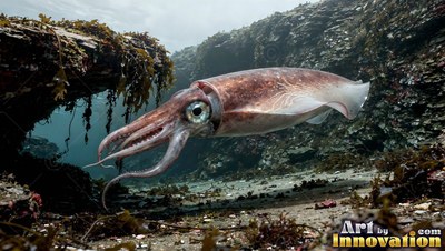 Side view of a brown squid cruising near a rocky seafloor in shallow water