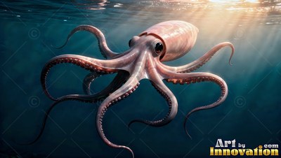 A pink octopus swims through deep blue water under bright sunlight