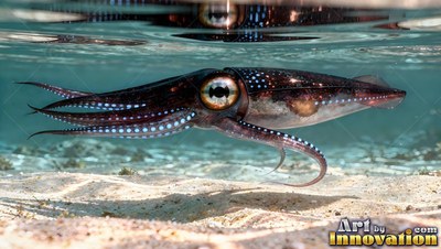 In clear shallow water, a dark spotted squid swims over white sand