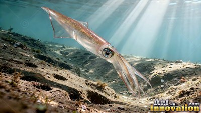 Swimming through sunbeams, a pale squid glides over a sandy seabed