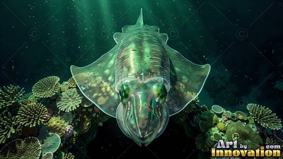 Green cuttlefish swimming over a shallow coral reef in sunlight