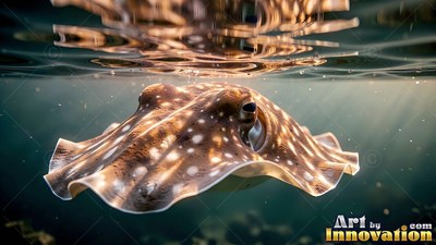 Brown spotted skin covers a cuttlefish swimming right below the water surface