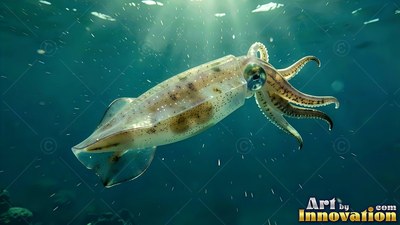 A spotted squid travels upward as bright sunlight filters through the green water