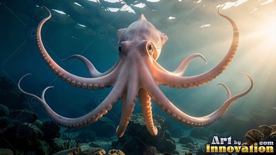Facing forward, a pale octopus spreads its arms wide in sunny shallow water