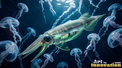 A clear green squid swims through murky blue ocean water surrounded by pale jellyfish