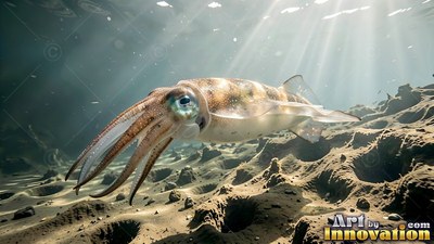 In shallow sunlit water, a spotted brown squid swims above the sandy seafloor