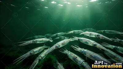 Swimming together under sunlight, a school of pale squid glides through green water