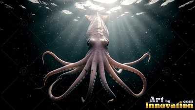 A pale squid drifting downward in murky water under sunlight