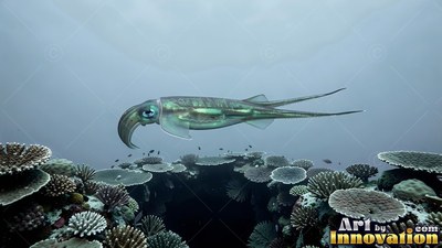 Translucent green skin covers a squid moving above flat coral in dim open blue water