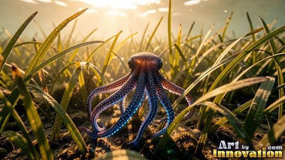 An octopus crawls through green sea grass under bright golden sunlight