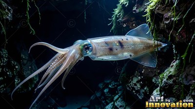 Swimming sideways, a pale squid glides through murky ocean water by a reef