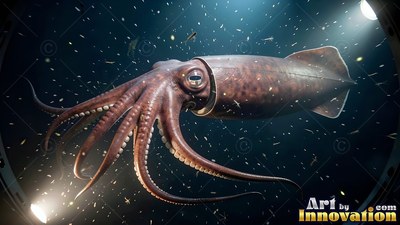 A brown giant squid drifts past a round window in deep black water