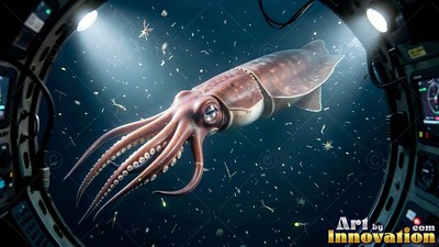 Outside a submersible window, a brown squid swims through dark water lit by two lamps