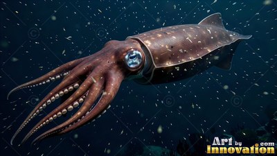 Swimming through deep dark water, a brown squid glides past small drifting specks