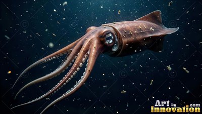 Brown squid swimming forward in dark deep water