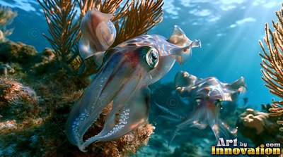 Translucent skin on a squid hovering by sea fans in blue, sunlit reef water