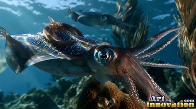 A squid swims over a shallow reef with sunbeams shining down through clear open blue water
