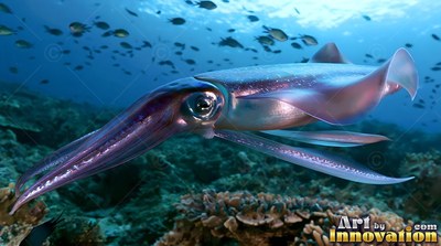 Gliding forward, a silvery squid moves over a sunlit coral reef in blue sea