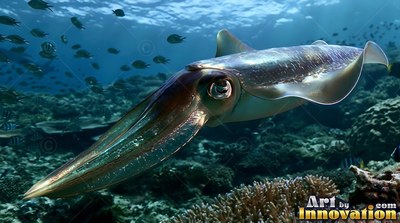 A brown cuttlefish glides over a sunlit reef in clear blue water