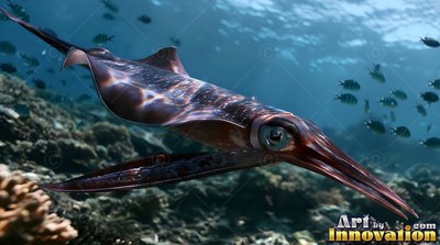 In clear blue ocean water, a brown squid travels forward near small striped fish