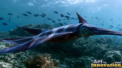Gliding over a shallow reef, a winged blue squid drifts through sunlit water